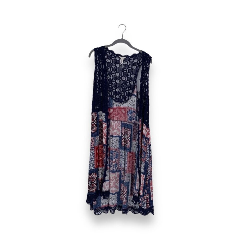 Cato Navy Blue Red Patriotic Crochet Paisley Patchwork Sleeveless Topper